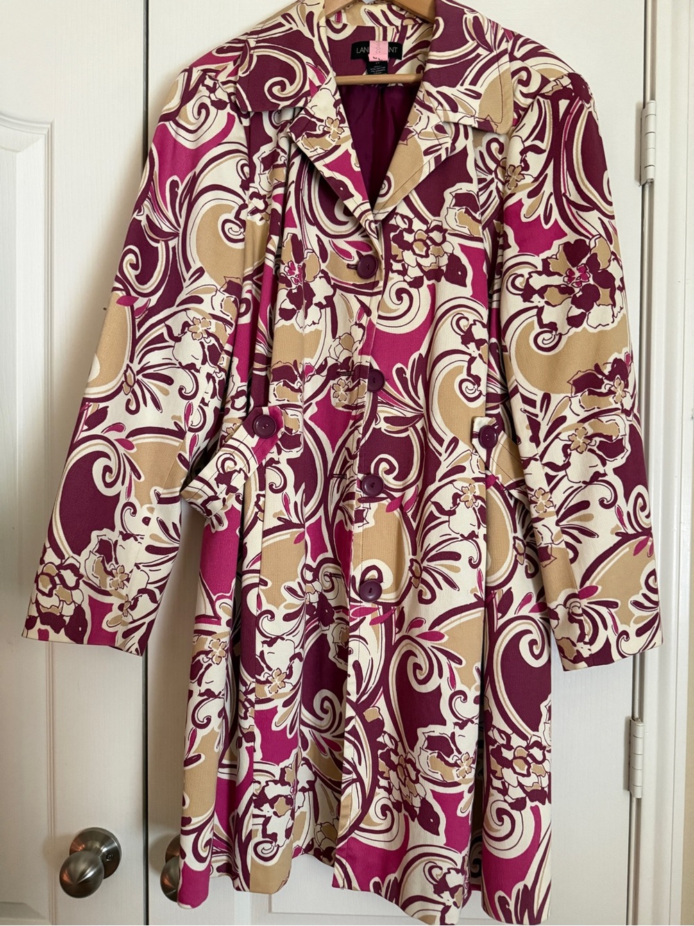 Lane Bryant Burgundy, Cream & Tan Floral Print Trench Coat